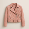 Blush Pink Suede Moto Jacket on a neutral background