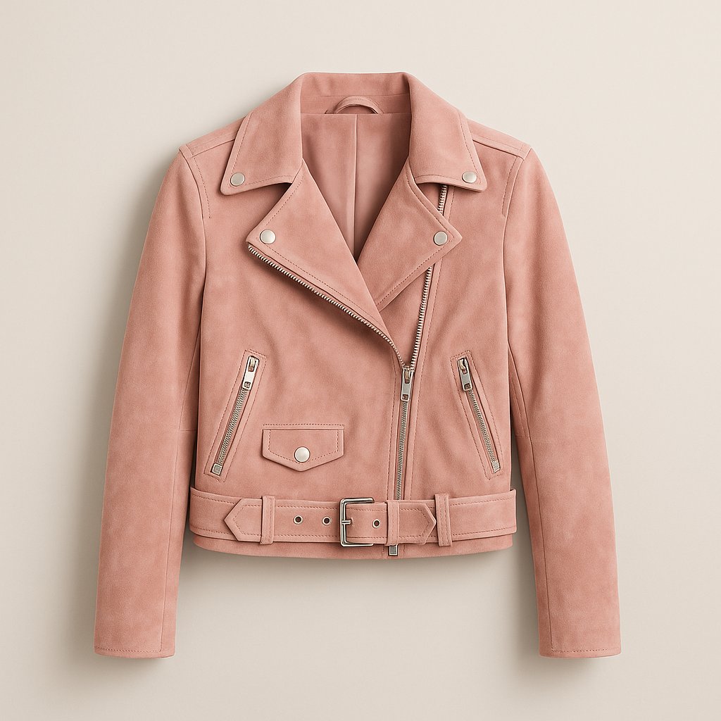 Blush Pink Suede Moto Jacket on a neutral background
