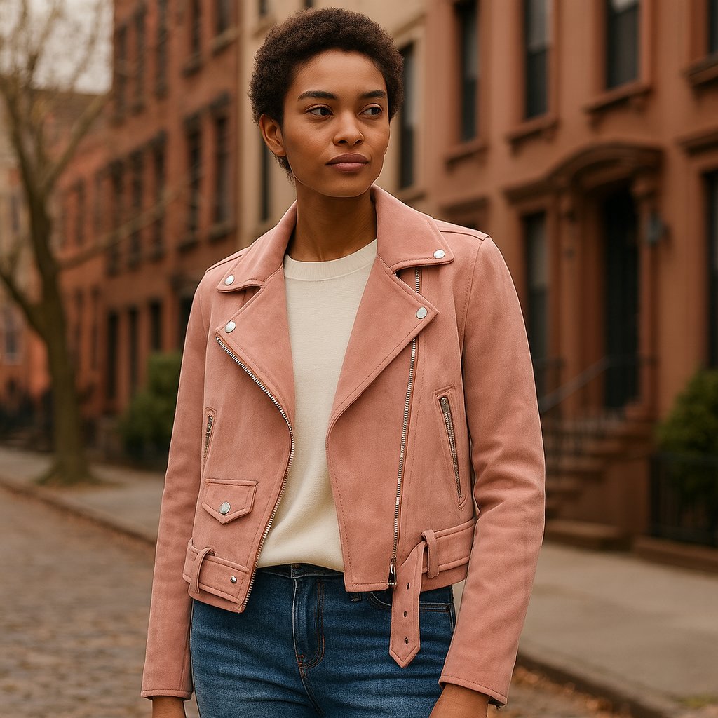 Blush Pink Suede Moto Jacket shown in a typical use setting