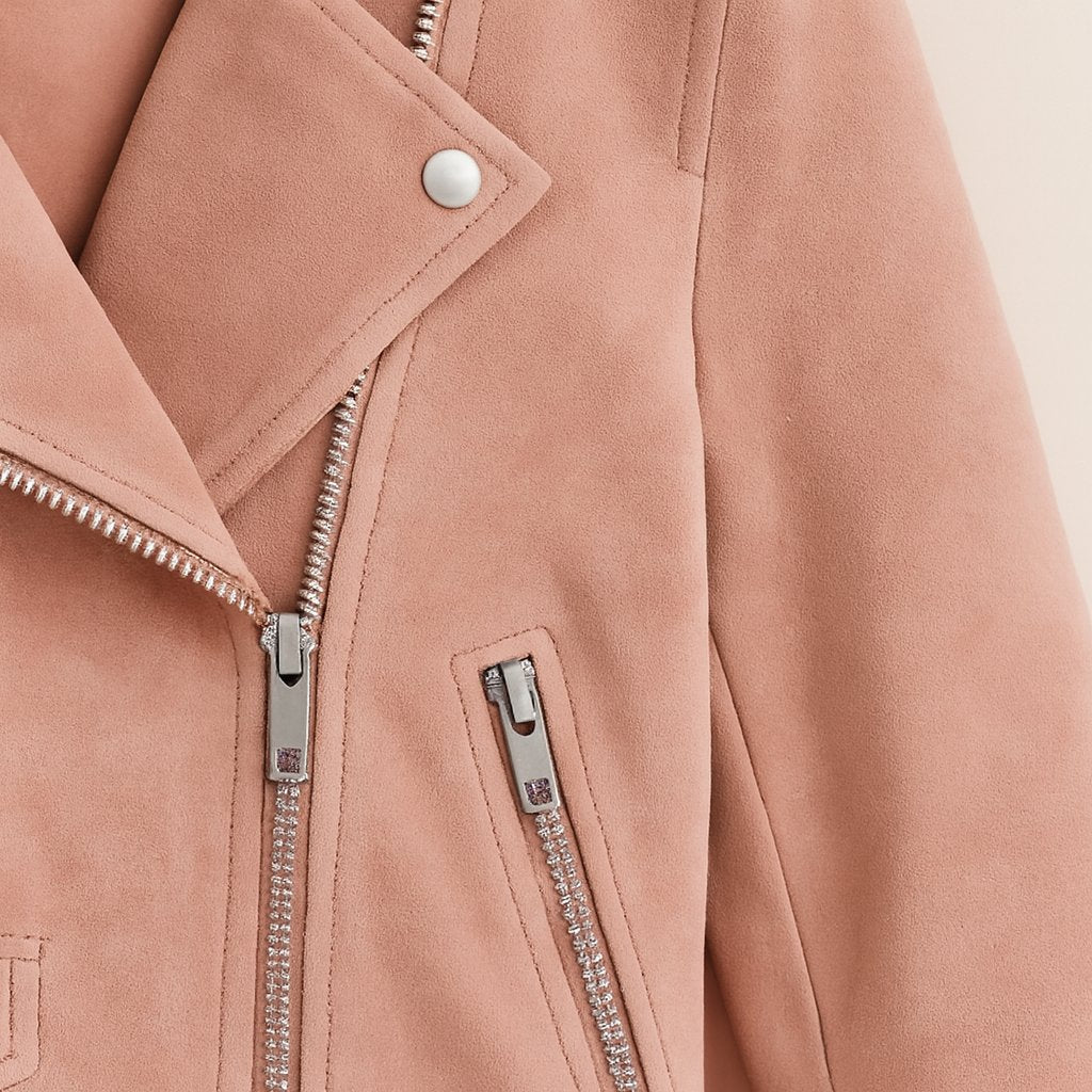 Close-up detail of Blush Pink Suede Moto Jacket