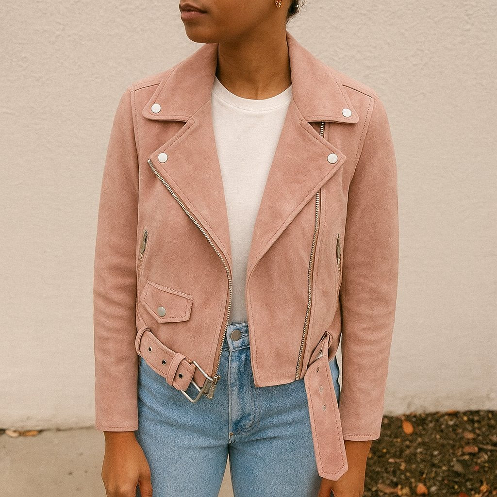 Person using Blush Pink Suede Moto Jacket