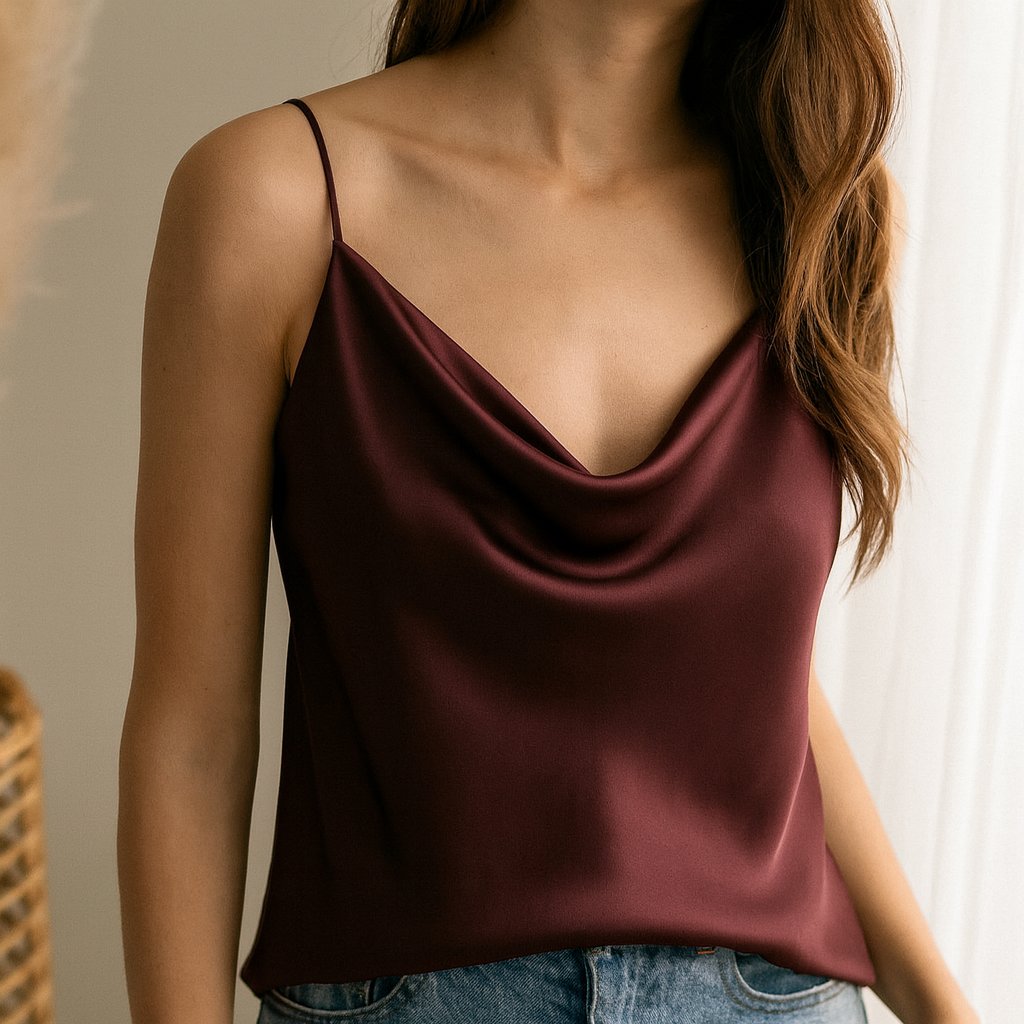 Burgundy Silk Cowl-Neck Camisole shown in a typical use setting