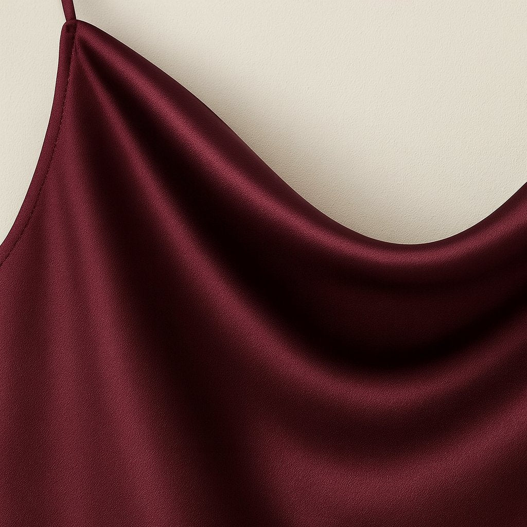 Close-up detail of Burgundy Silk Cowl-Neck Camisole