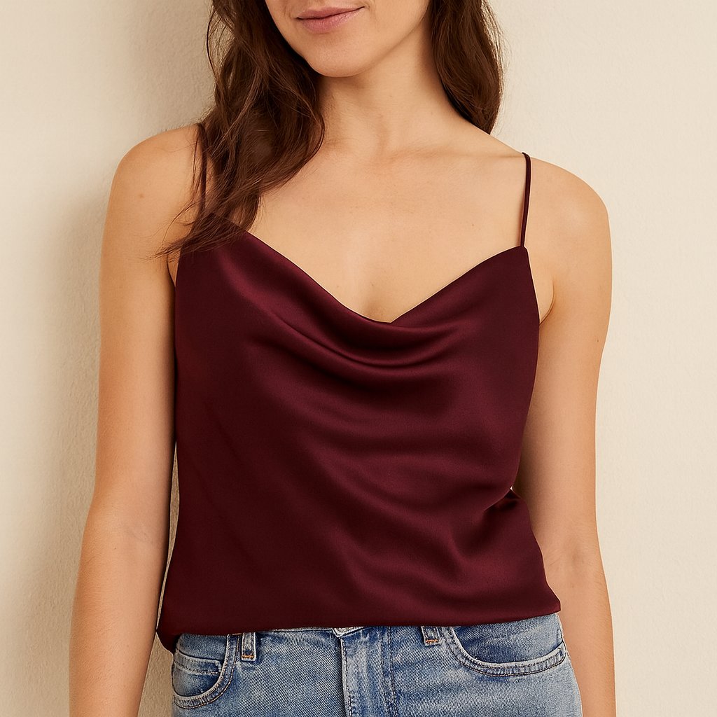 Person using Burgundy Silk Cowl-Neck Camisole