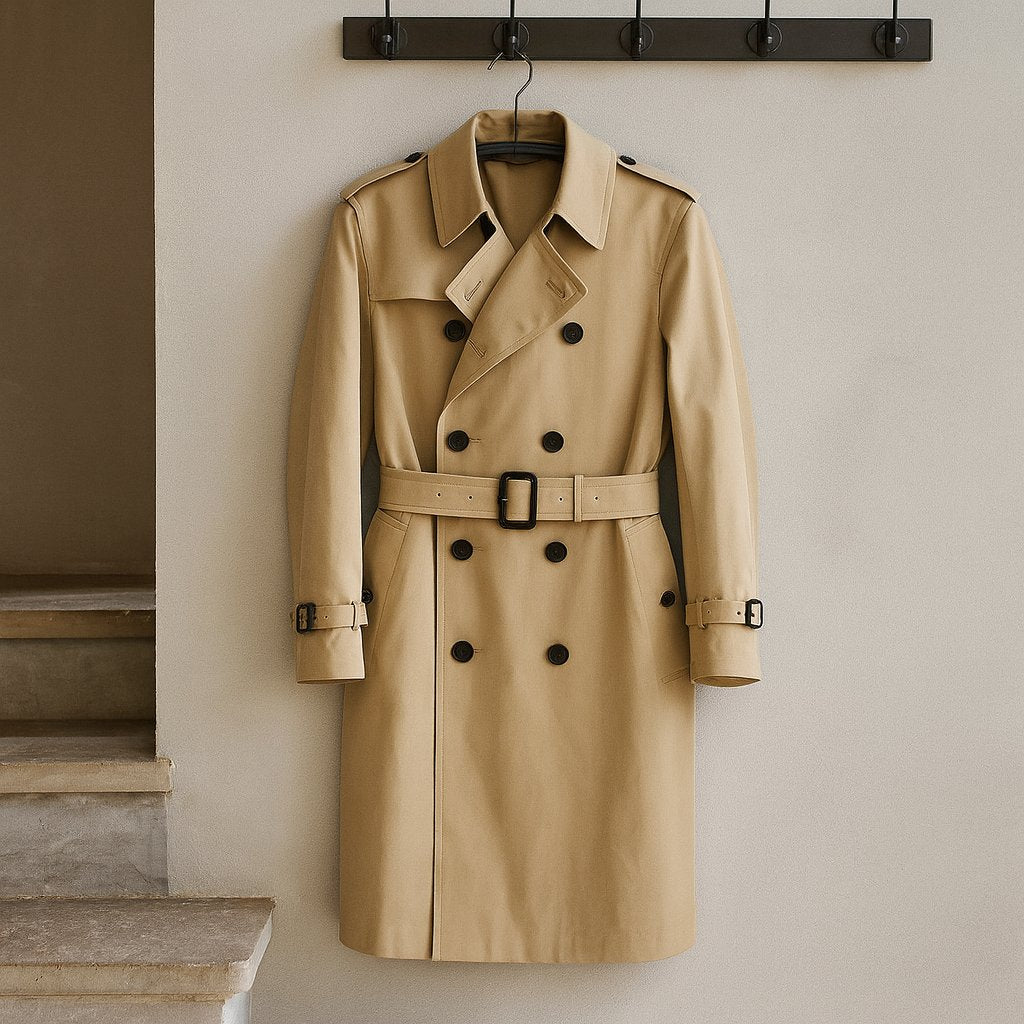 Classic Beige Cotton-Gabardine Trench Coat shown in a typical use setting