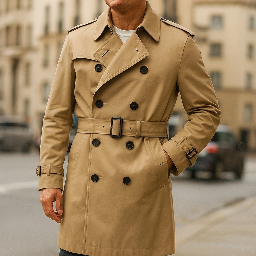 Person using Classic Beige Cotton-Gabardine Trench Coat