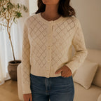 Cream Pointelle-Knit Cardigan shown in a typical use setting
