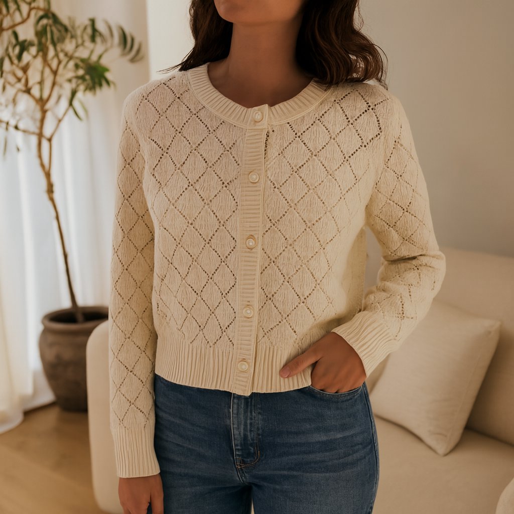 Cream Pointelle-Knit Cardigan shown in a typical use setting