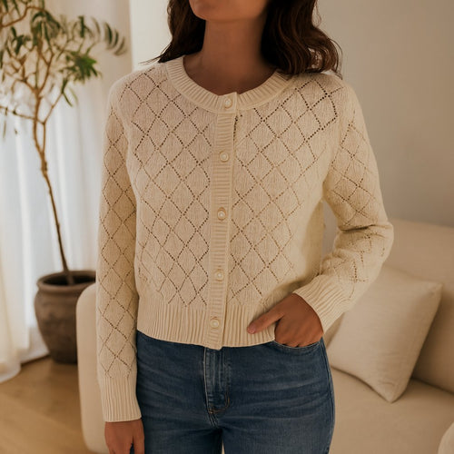 Cream Pointelle-Knit Cardigan shown in a typical use setting