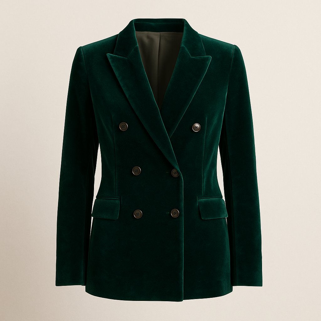 Emerald Green Double-Breasted Velvet Blazer on a neutral background