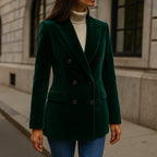 Emerald Green Double-Breasted Velvet Blazer shown in a typical use setting