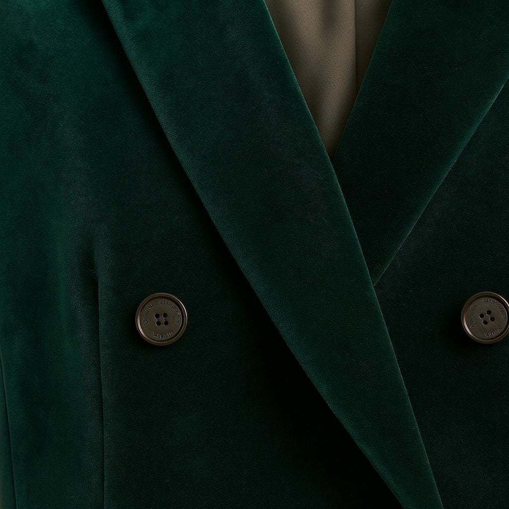 Close-up detail of Emerald Green Double-Breasted Velvet Blazer