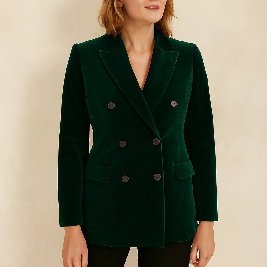 Person using Emerald Green Double-Breasted Velvet Blazer