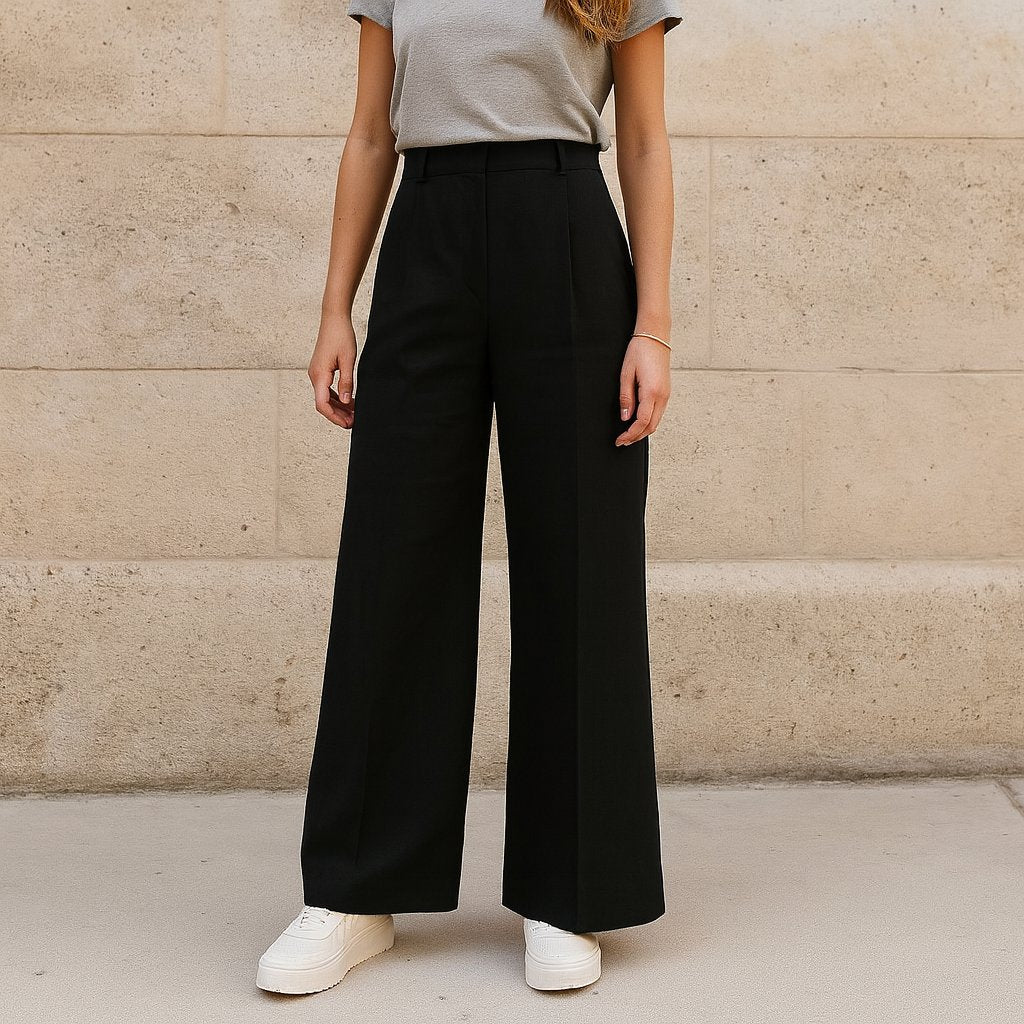 Person using High-Waisted Black Wide-Leg Linen Trousers