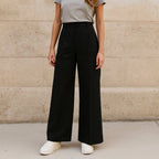 Person using High-Waisted Black Wide-Leg Linen Trousers