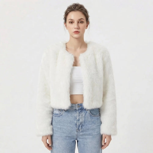 Front view of a model wearing a white cropped faux fur jacket.