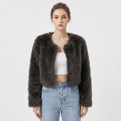 Front view of a model wearing a dark grey cropped faux fur jacket.