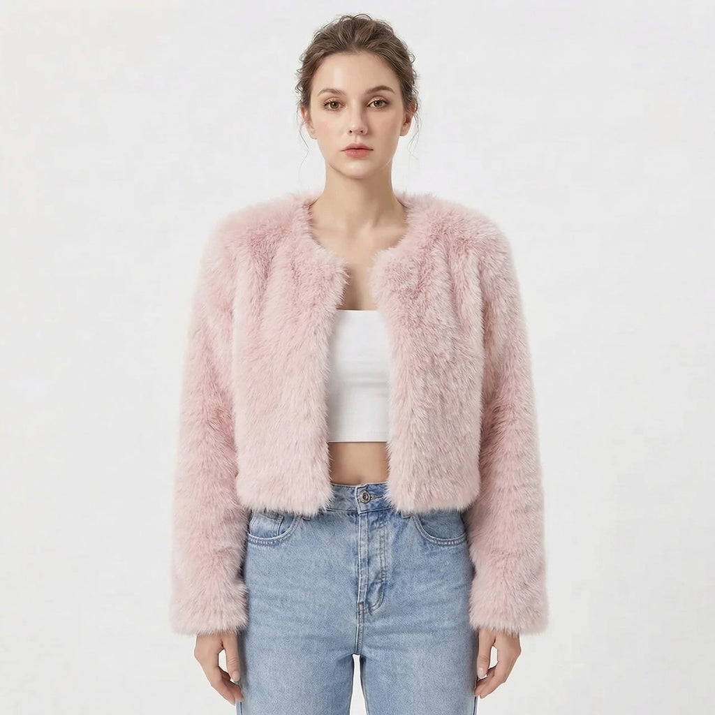 Front view of a model wearing a pink cropped faux fur jacket.