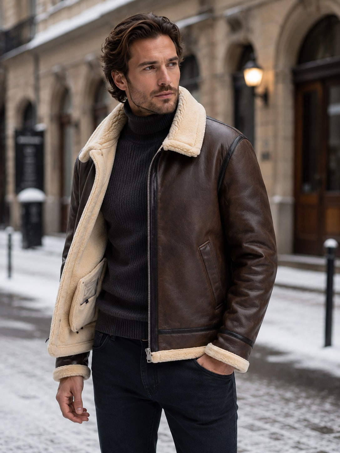 Front view of a man wearing a brown shearling aviator jacket with the zipper partially open, standing on a snowy street.