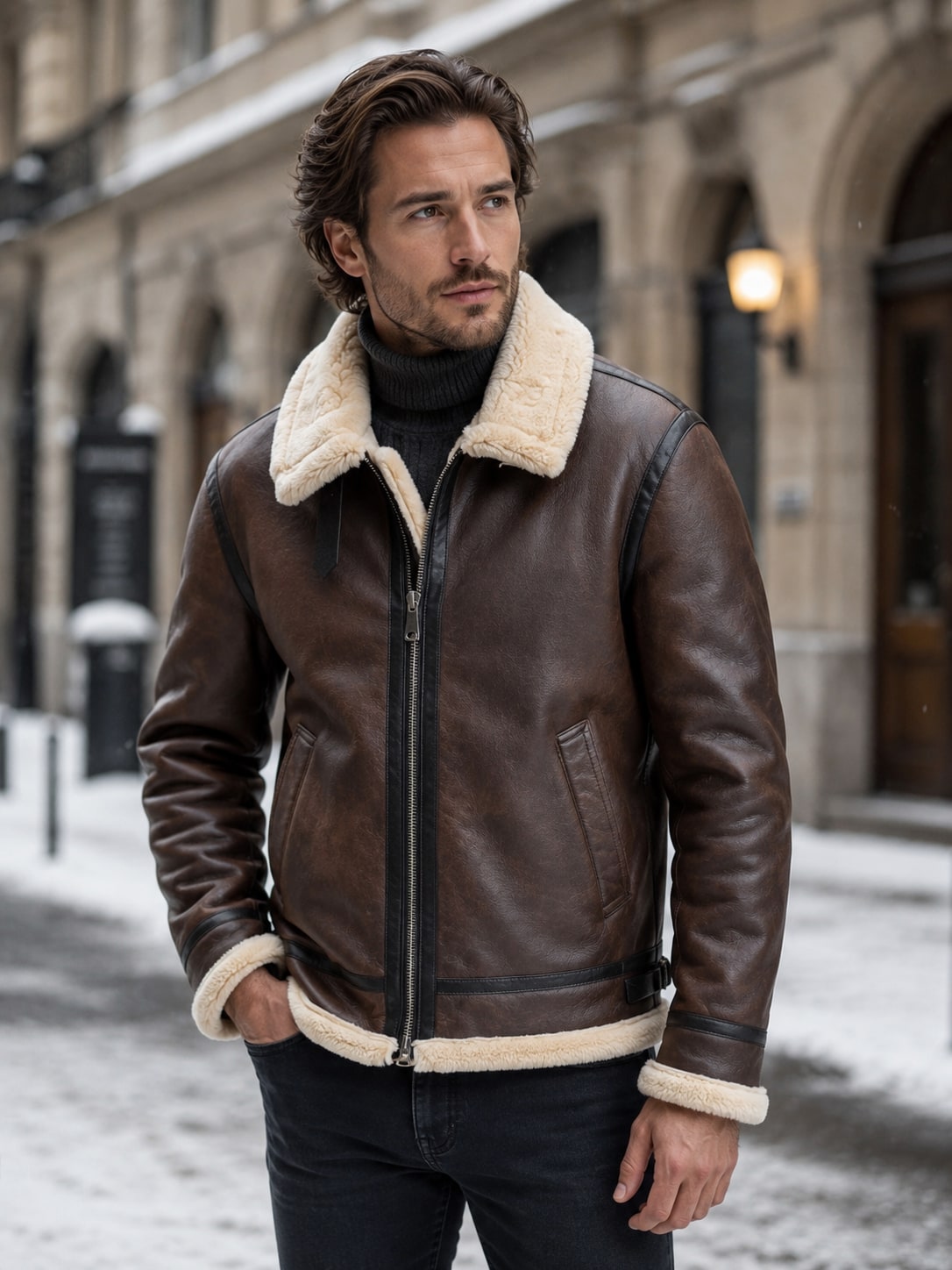 Front view of a man wearing a brown shearling aviator jacket with the zipper closed, standing on a snowy street.