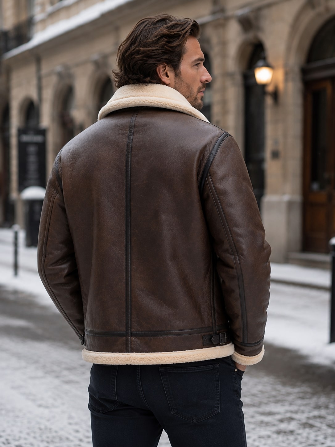 Back view of a man wearing a brown shearling aviator jacket, standing on a snowy street.