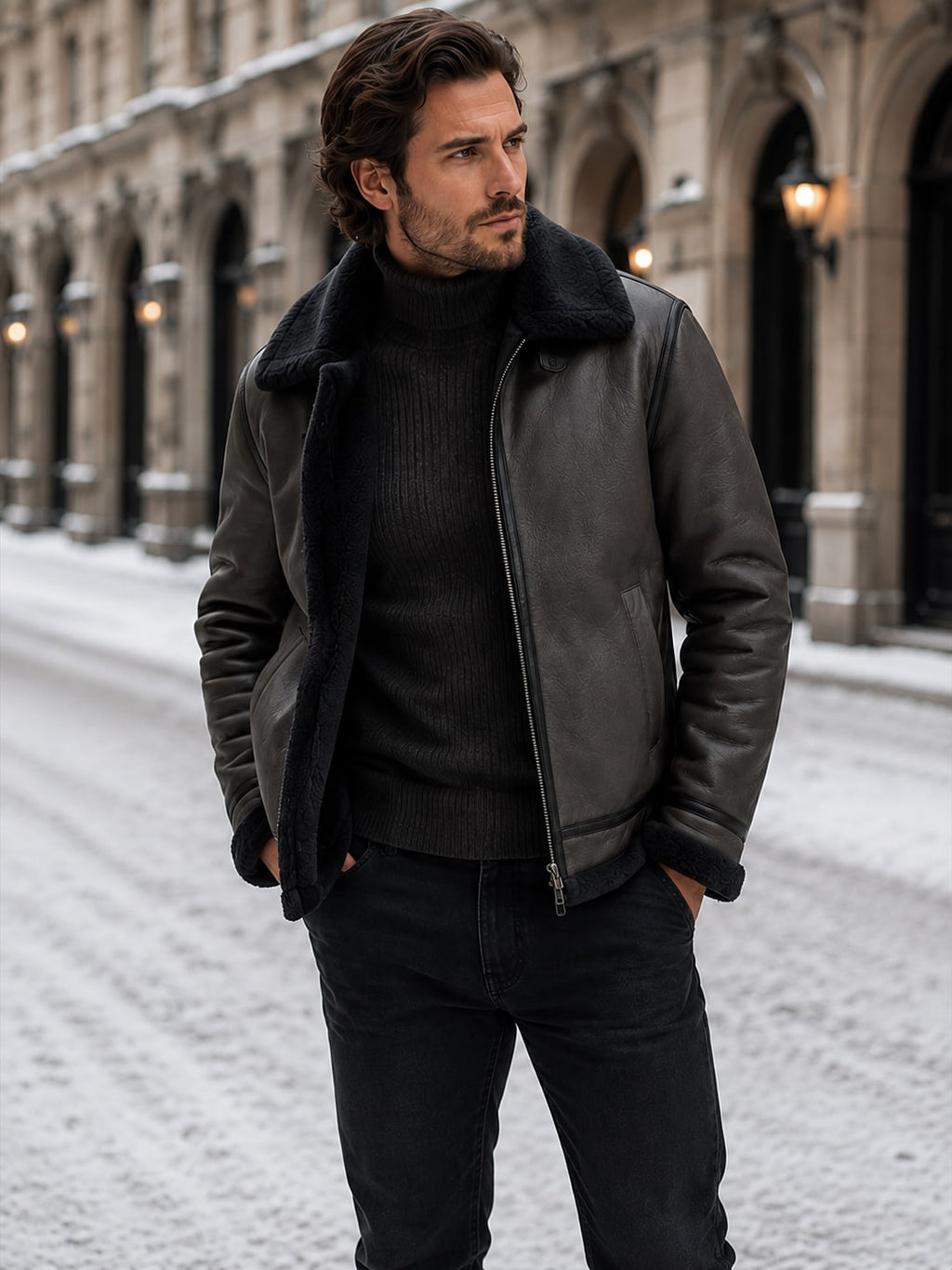 Front view of a man wearing a dark grey shearling aviator jacket with the zipper partially open, standing on a snowy street.