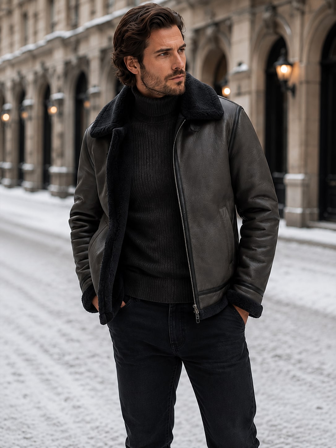 Front view of a man wearing a dark grey shearling aviator jacket with the zipper partially open, standing on a snowy street.
