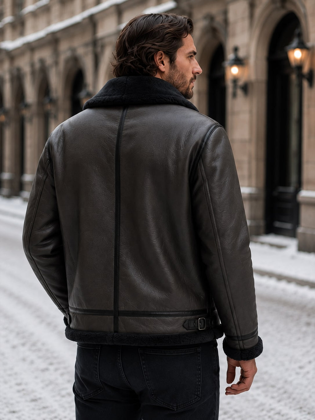 Back view of a man wearing a dark grey shearling aviator jacket, standing on a snowy street.
