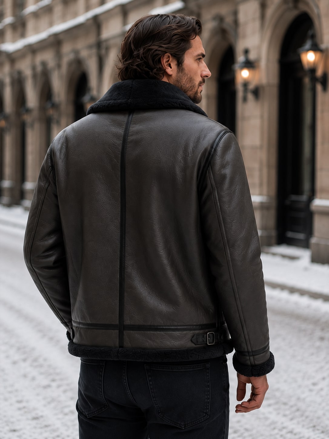 Back view of a man wearing a dark grey shearling aviator jacket, standing on a snowy street.