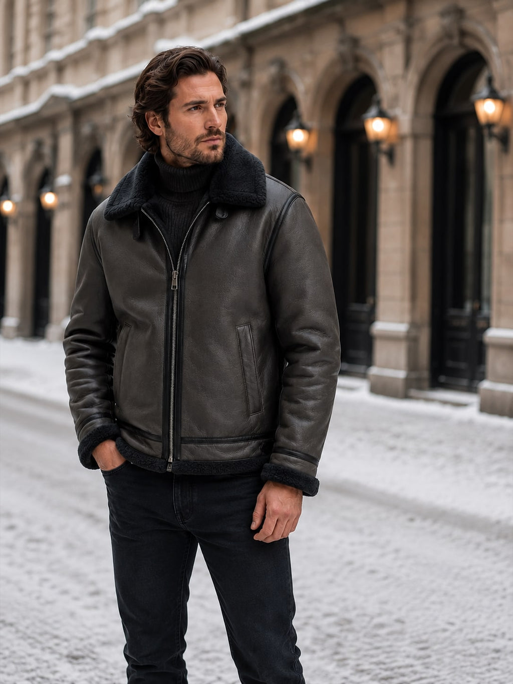 Front view of a man wearing a dark grey shearling aviator jacket with the zipper closed, standing on a snowy street.