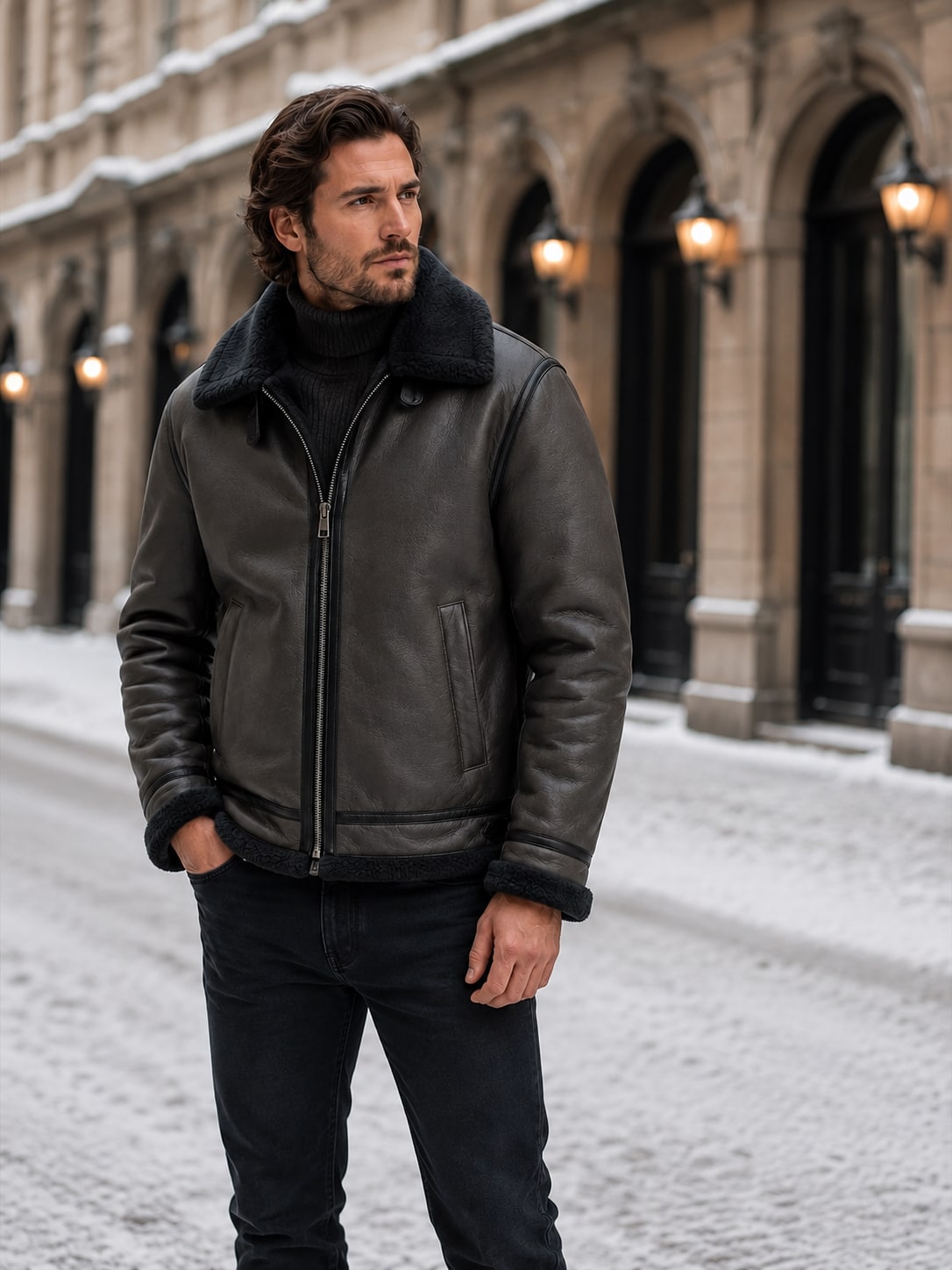 Front view of a man wearing a dark grey shearling aviator jacket with the zipper closed, standing on a snowy street.