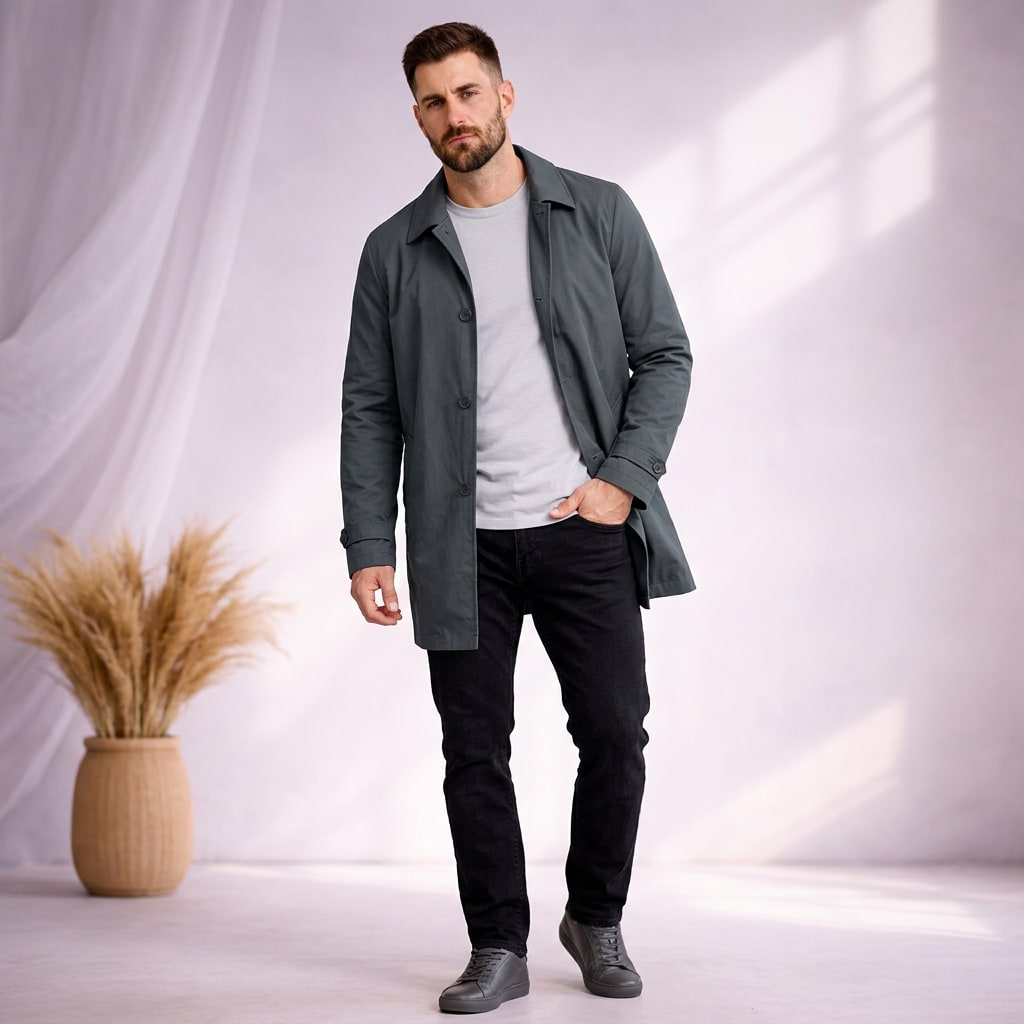 A male model wearing a dark grey mac coat over a light grey t-shirt and black jeans, posing in a studio setting.