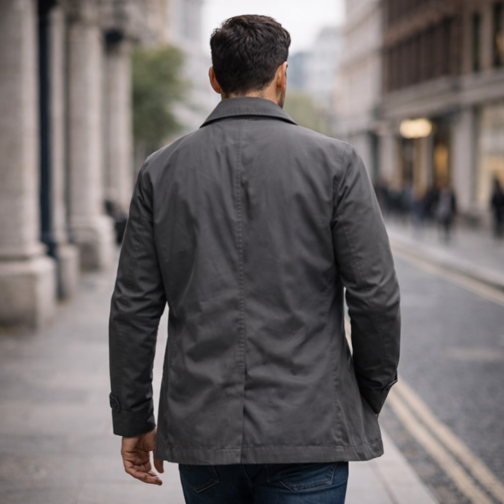 A male model wearing a dark grey mac coat, walking away from the camera on a city street.