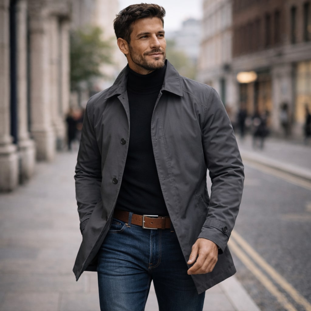 A male model wearing a dark grey mac coat over a black turtleneck and blue jeans, looking to the side on a city street.