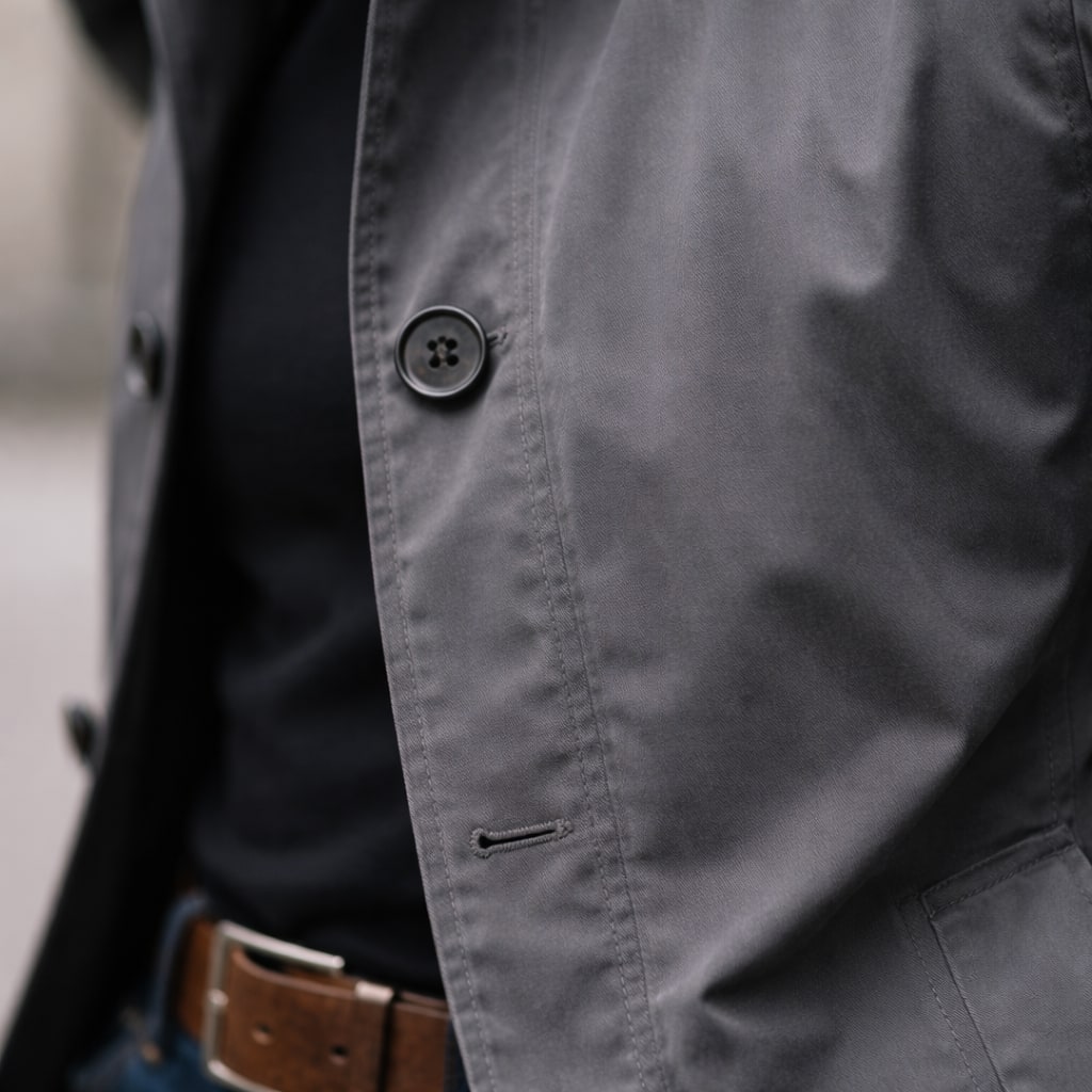 A close-up shot of the dark grey mac coat's button closure and fabric texture.