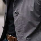 A close-up shot of the dark grey mac coat's button closure and fabric texture.