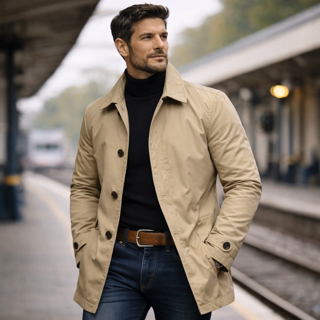 A male model wearing a beige trench coat over a black turtleneck and jeans, standing on a train platform.