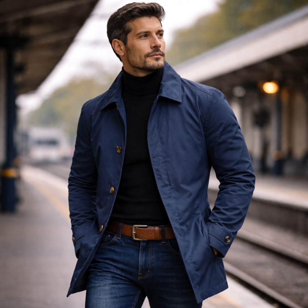 A male model wearing a navy blue trench coat over a black turtleneck and jeans, standing on a train platform.