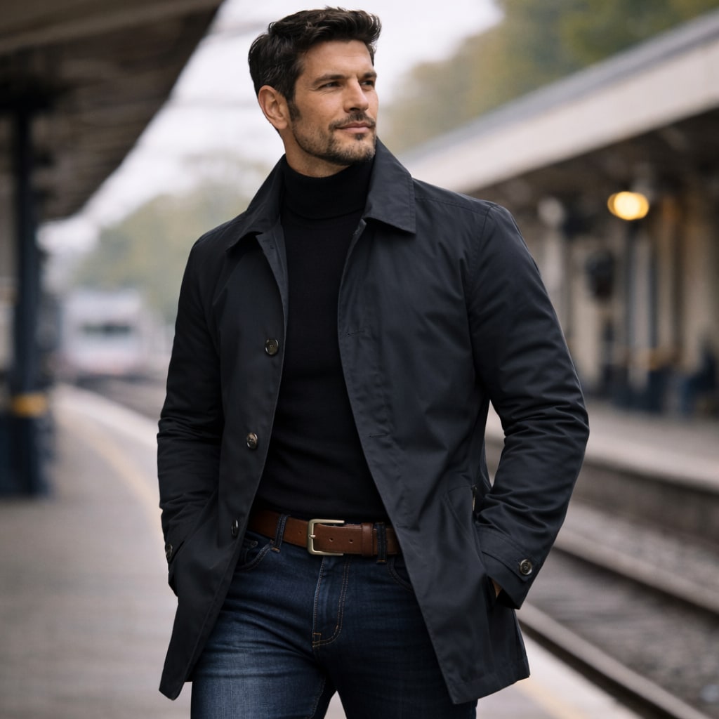 A male model wearing a dark grey trench coat over a black turtleneck and jeans, standing on a train platform.