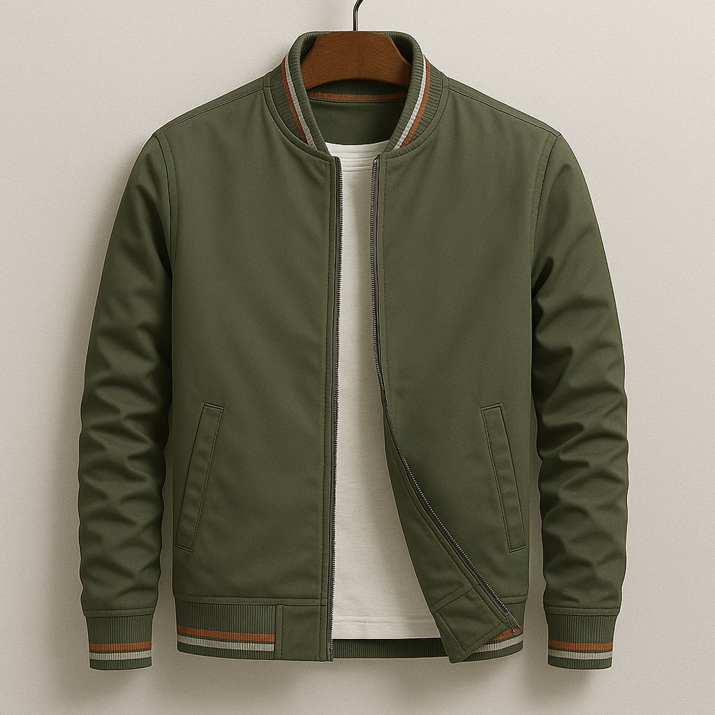 Front view of an olive green bomber jacket with brown and white striped ribbed trim, partially unzipped to show a white t-shirt underneath.
