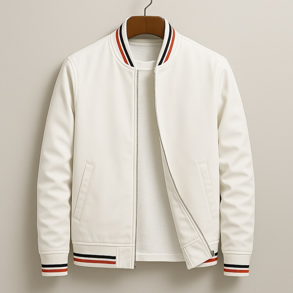 Front view of a white bomber jacket with red, black, and white striped ribbed trim, partially unzipped to show a white t-shirt underneath.