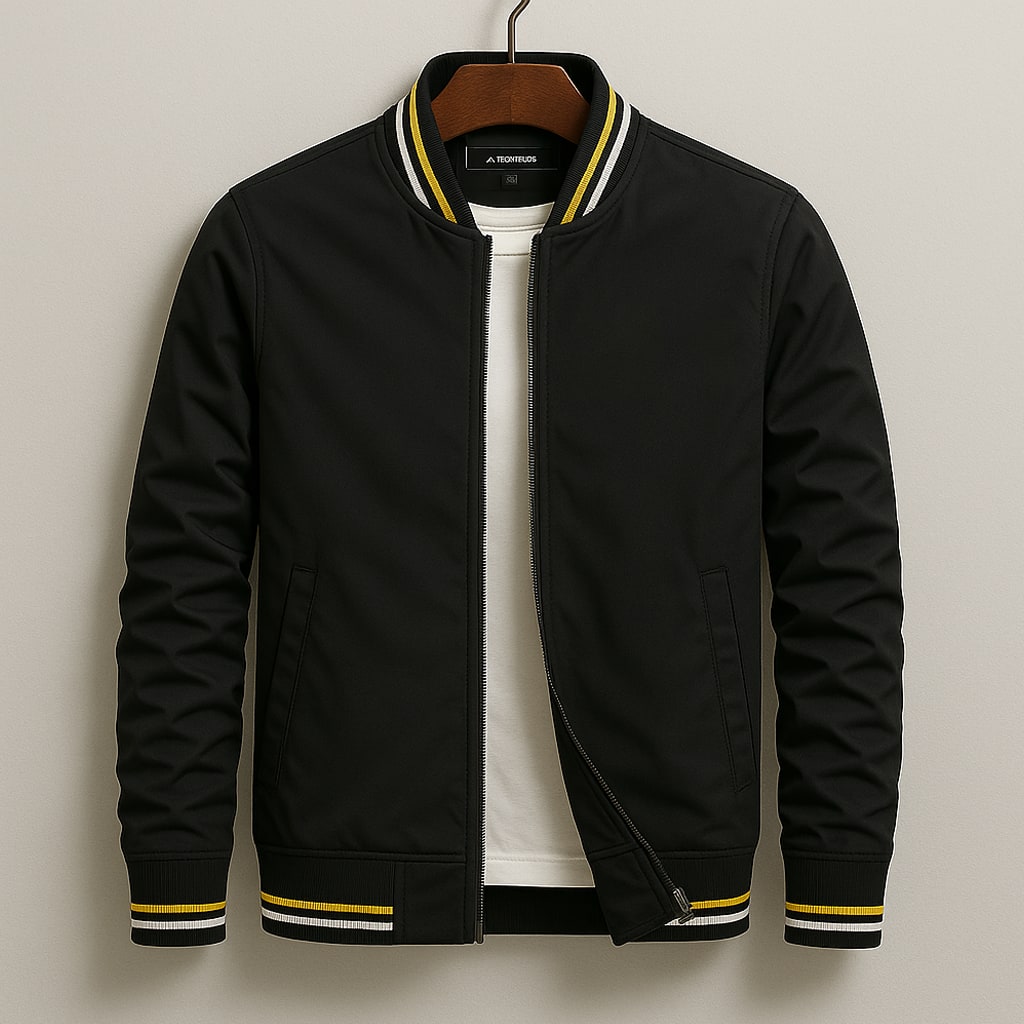 Front view of a black bomber jacket with yellow and white striped ribbed trim, partially unzipped to show a white t-shirt underneath.