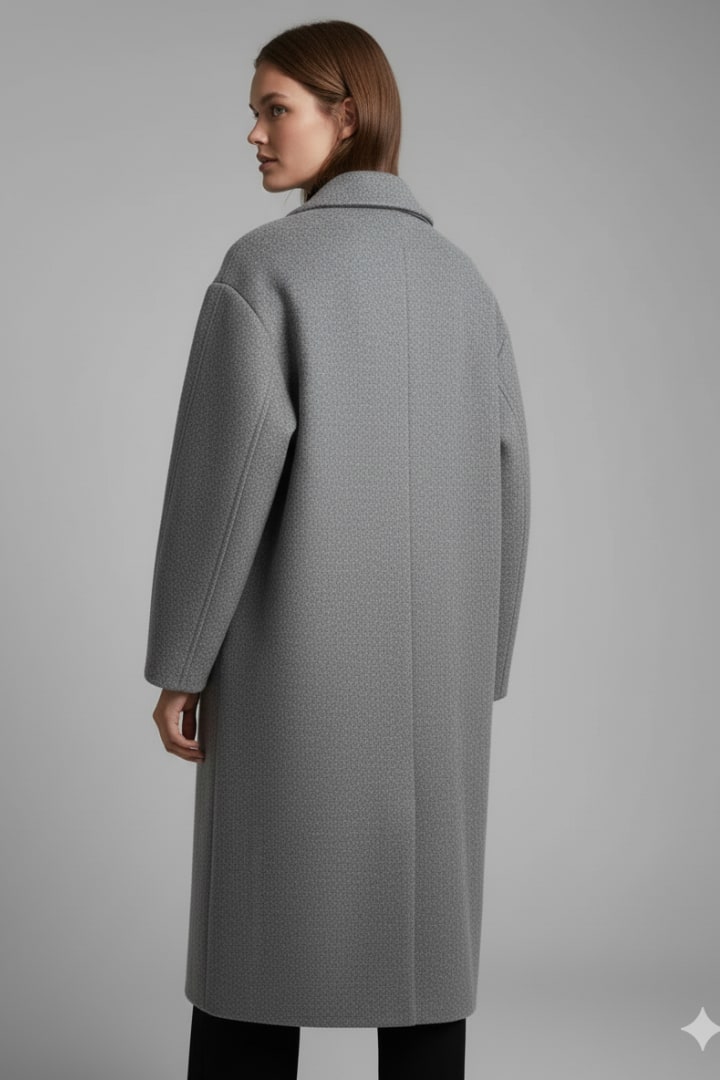 Back view of a woman wearing the grey double-breasted long coat.