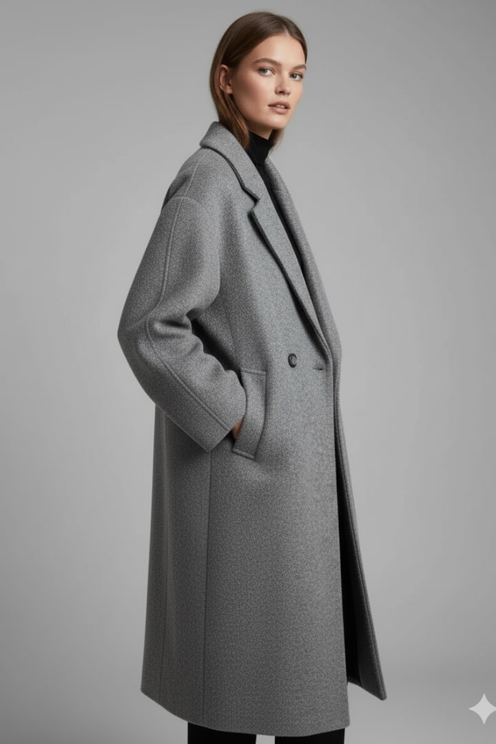 Side view of a woman wearing the grey double-breasted long coat with one hand in the pocket.