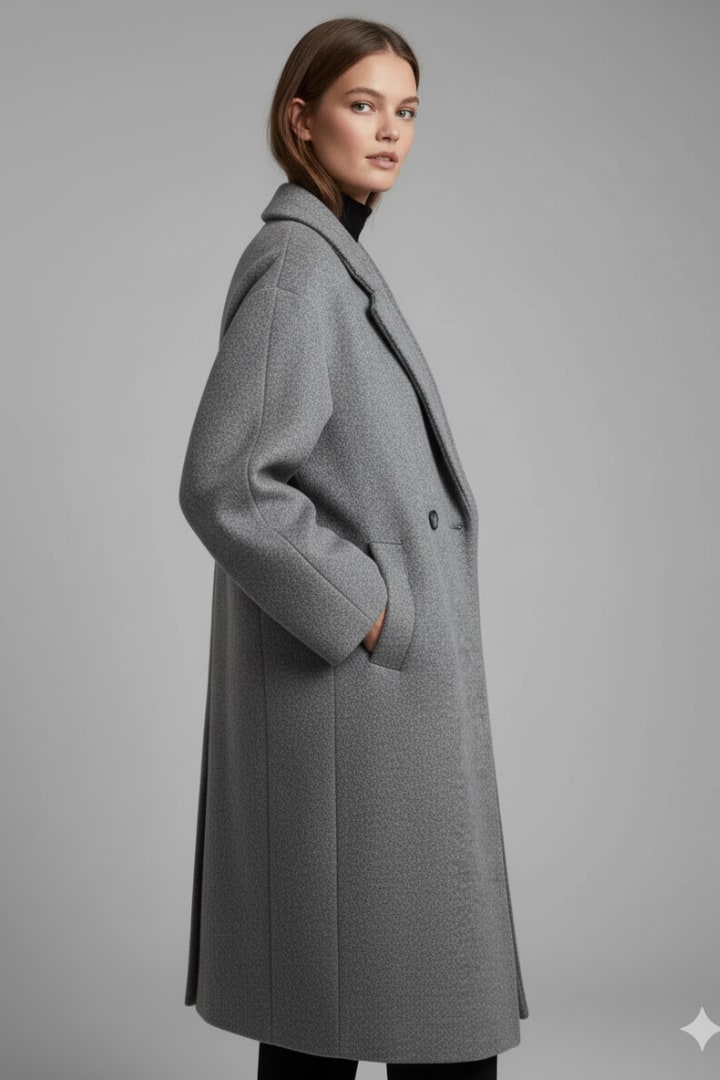 Another side view of a woman wearing the grey double-breasted long coat with one hand in the pocket.