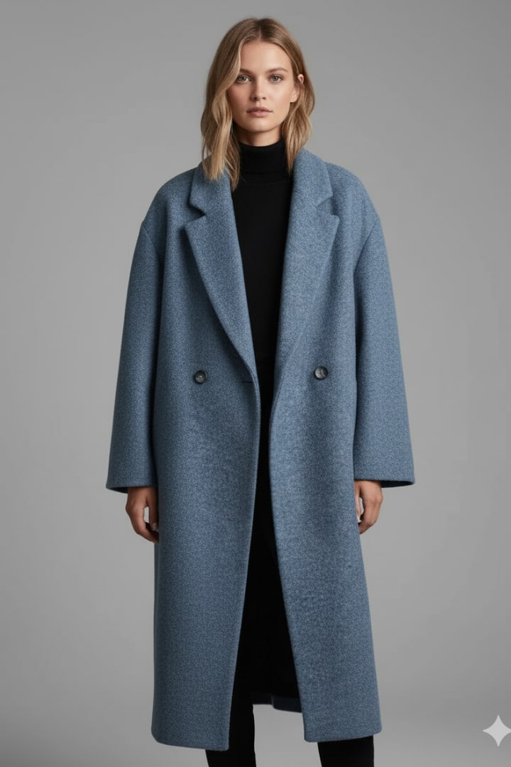 Front view of a woman wearing the blue double-breasted long coat open over a black turtleneck and trousers.