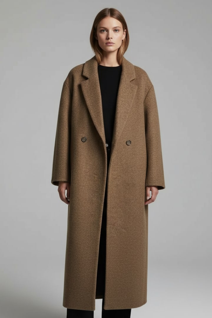 Front view of a woman wearing the brown double-breasted long coat open over a black top and trousers.