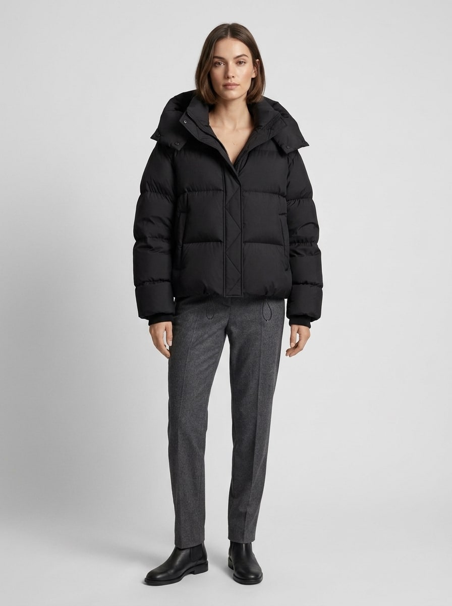 Full body front view of a model wearing the black hooded cropped puffer jacket with grey trousers and black boots.