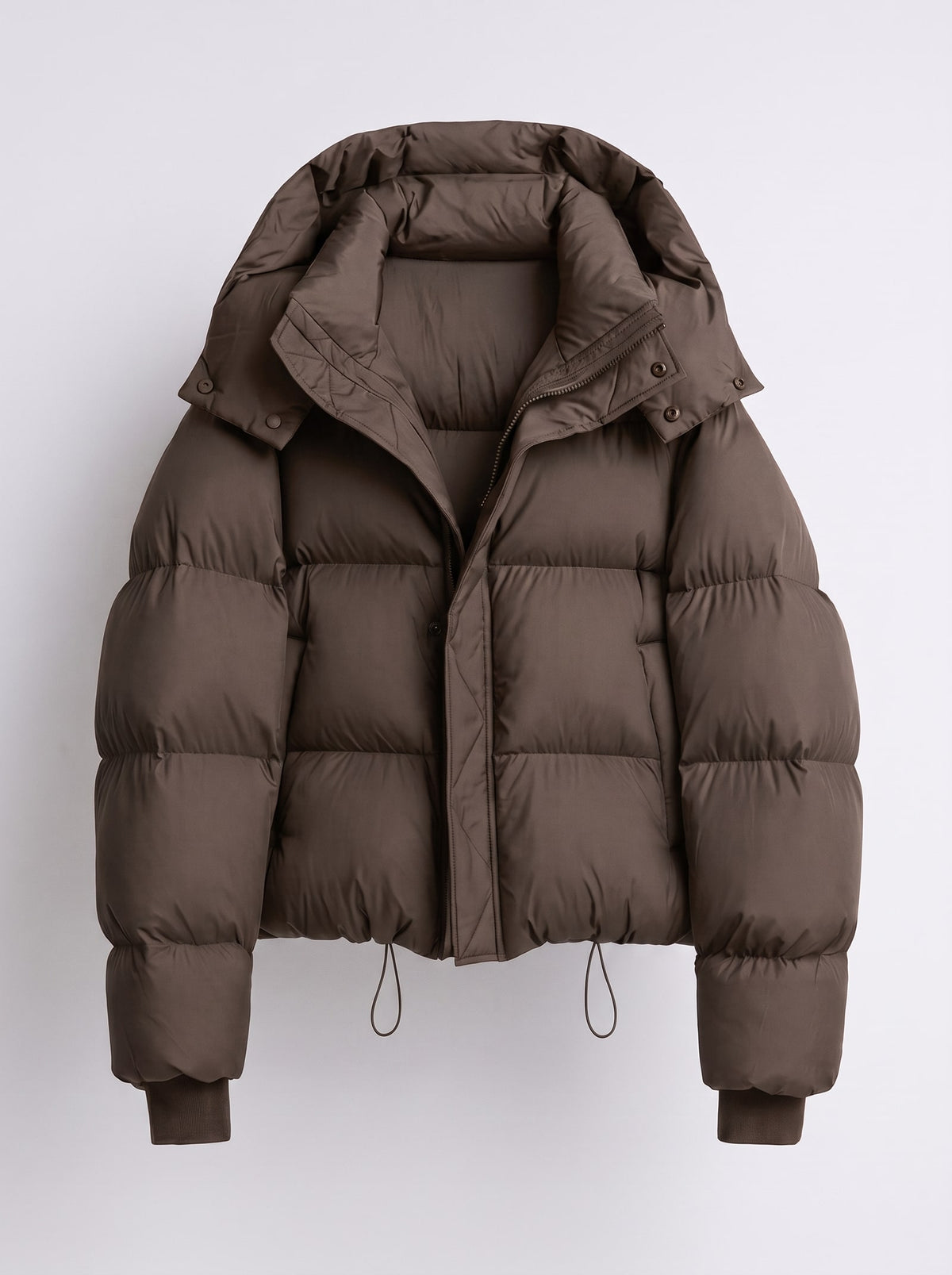 Front view of a brown hooded cropped puffer jacket, laid flat on a white background.