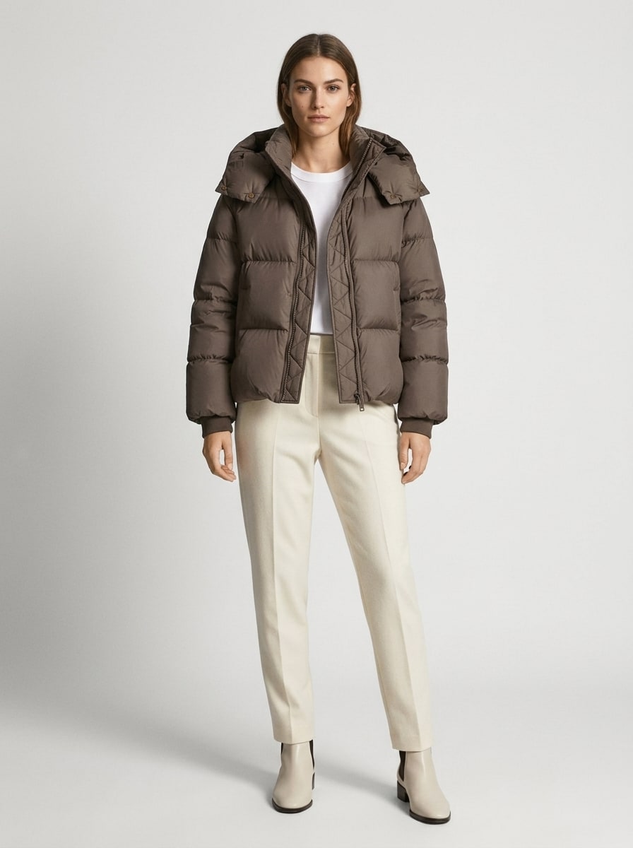 Full body front view of a model wearing the brown hooded cropped puffer jacket with cream trousers and white boots.
